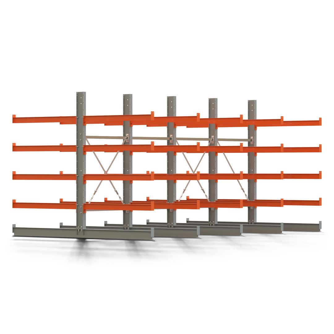 Doppelseitiges Kragarmregal, 2 Felder, 2.000 x 2.000 x 1.120 mm (HxBxT), Nutztiefe 500 mm, Kragarmlast 870 kg, KARL basic, silbergrau/reinorange