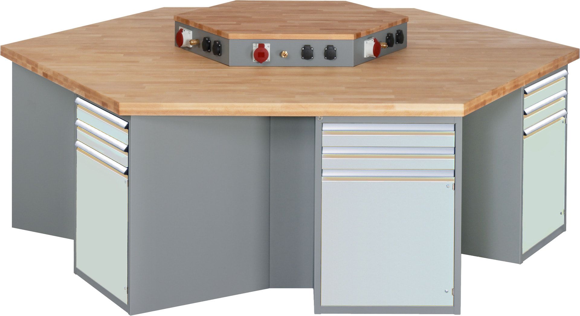Gruppenwerkbank, Buche, Höhe 840 mm, mit Energieaufsatz, Unterbau-Container, 2 Schubladen, 1 Tür, 1 Boden - Anthrazitgrau