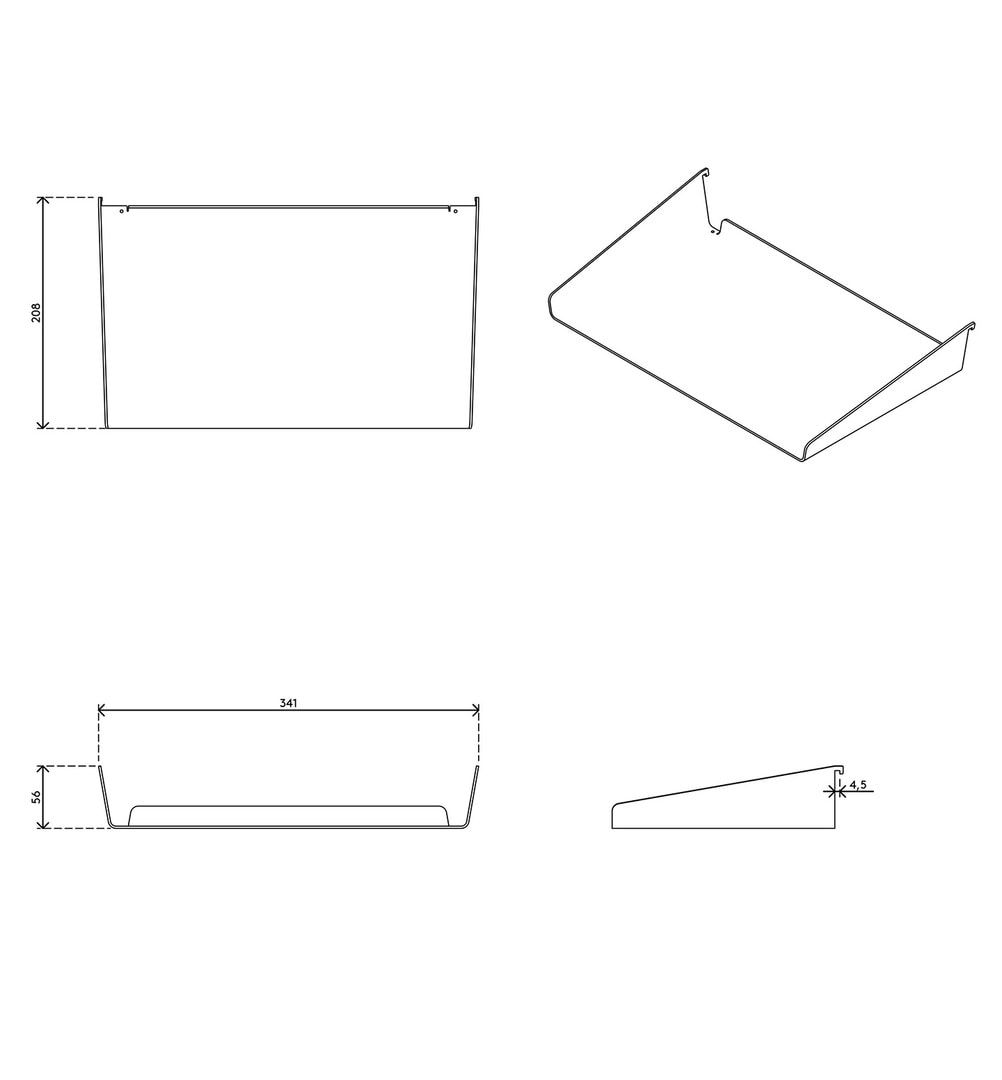A4-Ablage, Heftablage, Briefablage, Organisator, Utensilienhalter, für Schienensystem, Schienenbefestigung, 56 x 341 x 208 mm (HxBxT), weiß