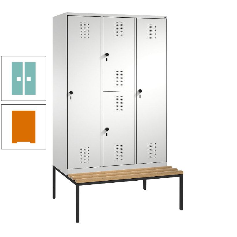 Garderobenschrank, Spind ein- und doppelstöckig Sitzbank, 3 Abteile, 4 Fächer, 2.090x1.200x500 mm (HxBxT), Front anthrazitgrau, Korpus anthrazitgrau