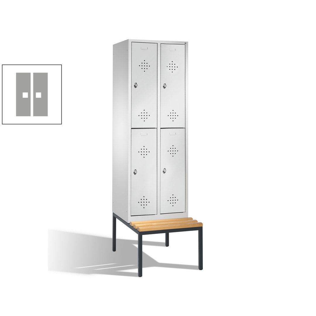 Garderobenschrank, Spind, 2 Abteile, 4 Fächer, 2.090 x 610 x 815 mm (HxBxT), Hartholz Sitzbank untergebaut, Korpus weißaluminium, Türen anthrazitgrau