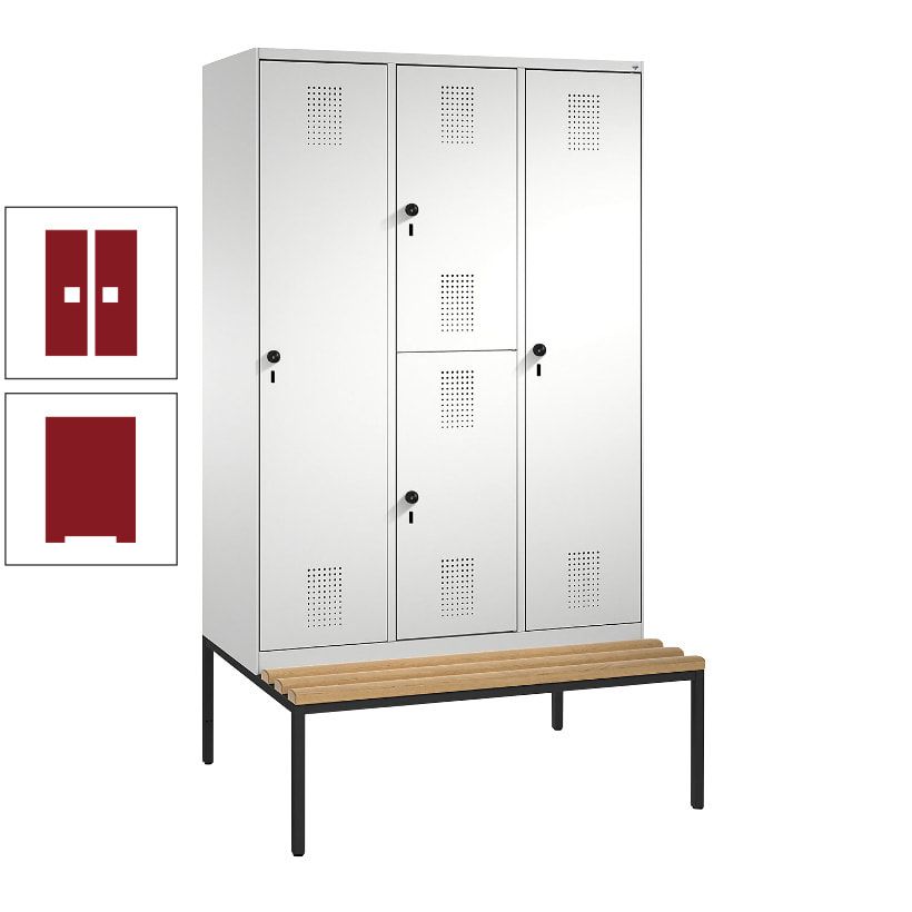Garderobenschrank, Spind ein- und doppelstöckig Sitzbank, 3 Abteile, 4 Fächer, 2.090x1.200x500 mm (HxBxT), Front anthrazitgrau, Korpus anthrazitgrau