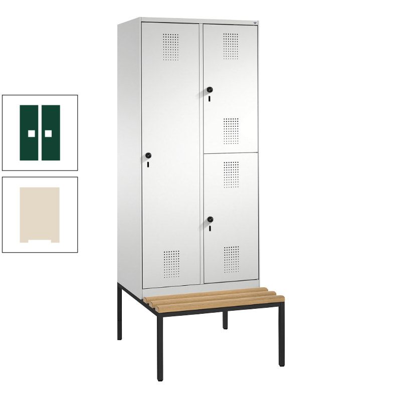 Garderobenschrank, Spind ein- und doppelstöckig Sitzbank, 2 Abteile, 3 Fächer, 2.090 x 800 x 500 mm (HxBxT), Front anthrazitgrau, Korpus anthrazitgrau