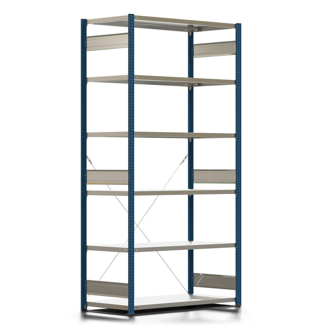 Fachbodenregal mit Tiefenriegel - 350 kg - 2.500 x 1.285 x 626 mm (HxBxT) - Anbauregal - 6 Böden - enzianblau - Lagerregal - Steckregal BERT
