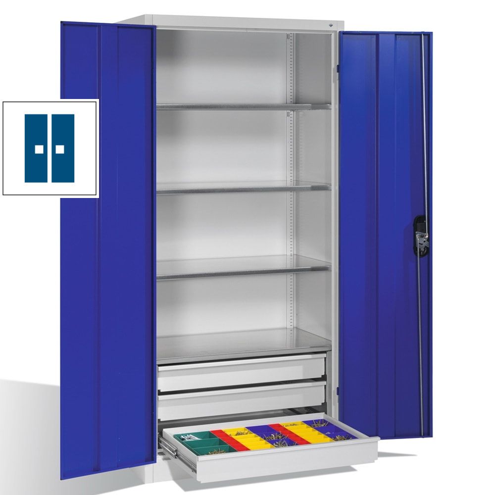 C+P Großraum Werkzeugschrank, Maschinenschrank, 4 Fachböden, 3 Schubladen unten, Farbe lichtgrau, 1.950 x 930 x 500 (HxBxT)