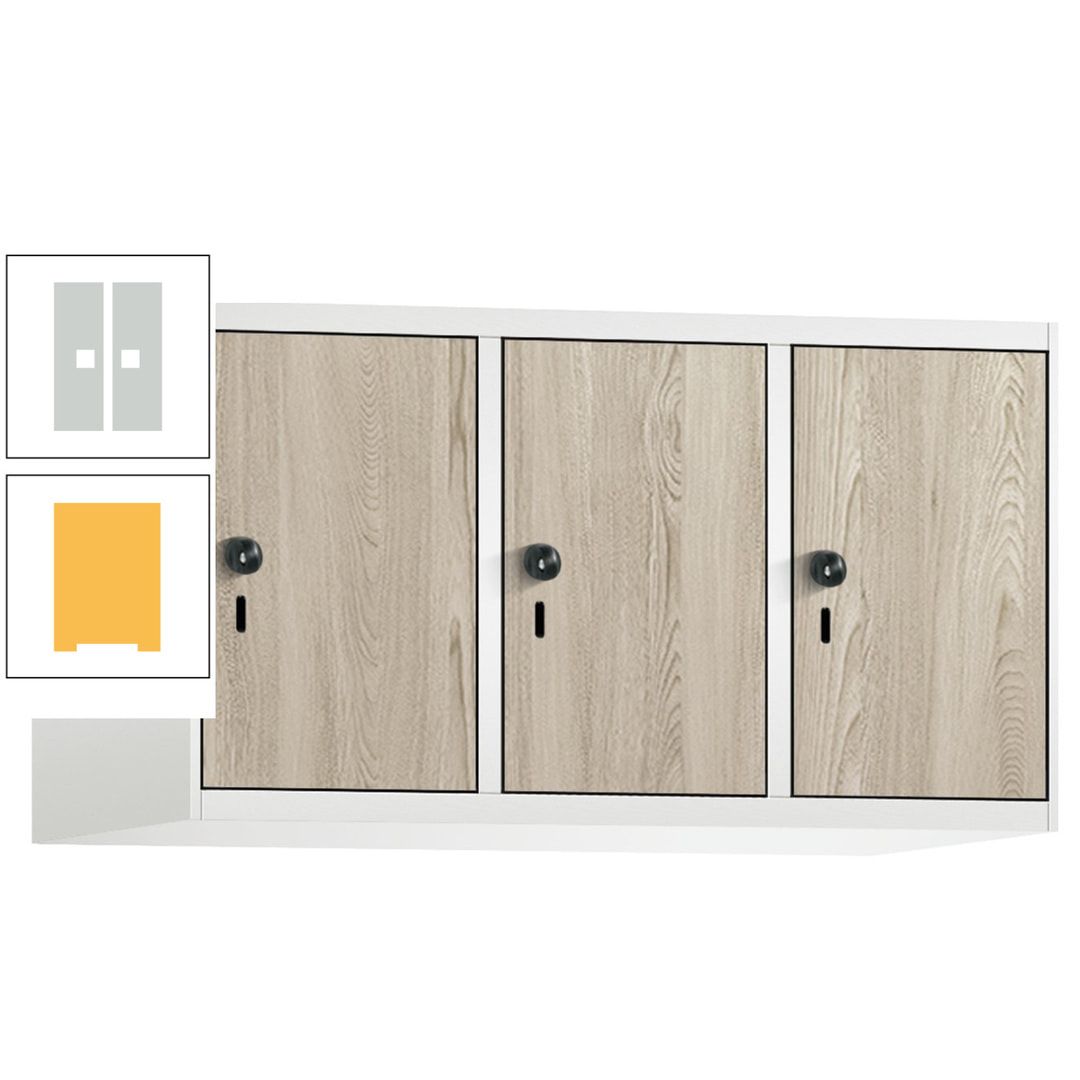 Aufsatzschrank, Schrankaufsatz, 3 Fächer a 300 mm, Farbe Pastellgelb, Tür anthrazitgrau, 500 x 900 x 500 mm (HxBxT)