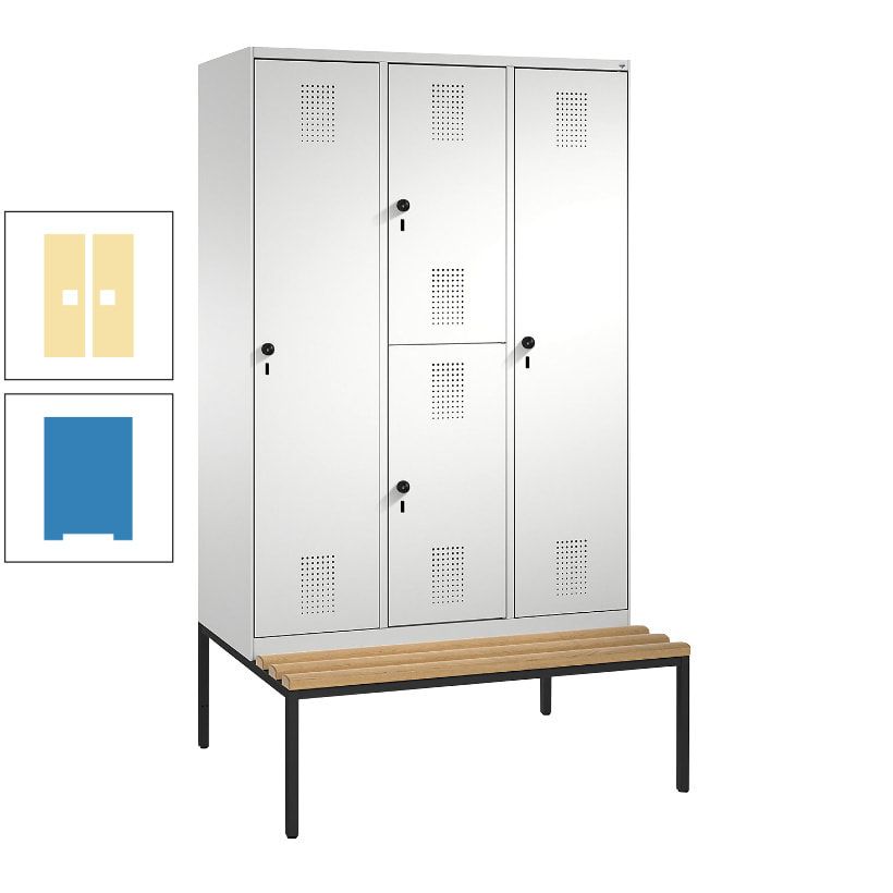 Garderobenschrank, Spind ein- und doppelstöckig Sitzbank, 3 Abteile, 4 Fächer, 2.090x1.200x500 mm (HxBxT), Front anthrazitgrau, Korpus anthrazitgrau