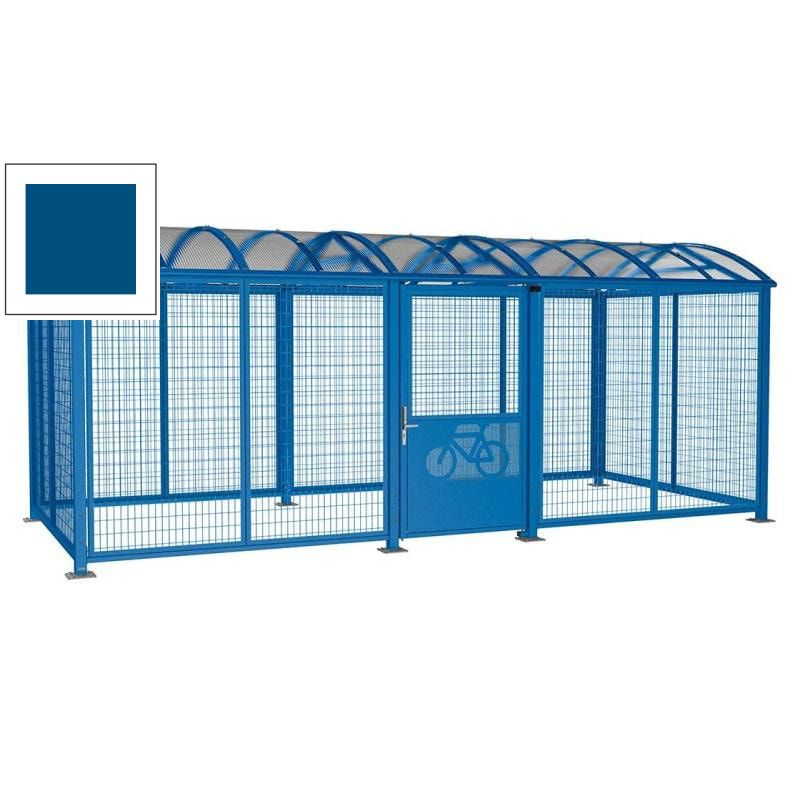 Fahrradüberdachung, Fahrradhaus, Unterstand, Digitalschloss, zentrale Tür, Stahlgitter, 2.640 x 6.250 x 2.830 mm (HxBxT), enzianblau (RAL 5010)