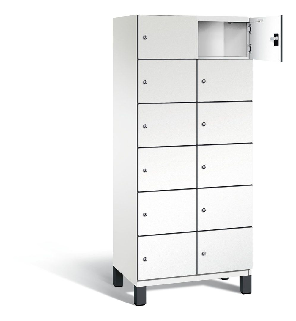 Fächerschrank, Stahlschrank, 12 Fächer, Türöffnungsbegrenzer, Füße, 1.980 x 800 x 525 mm, Korpus anthrazitgrau, Dekorfront HPL Donau-Ahorn