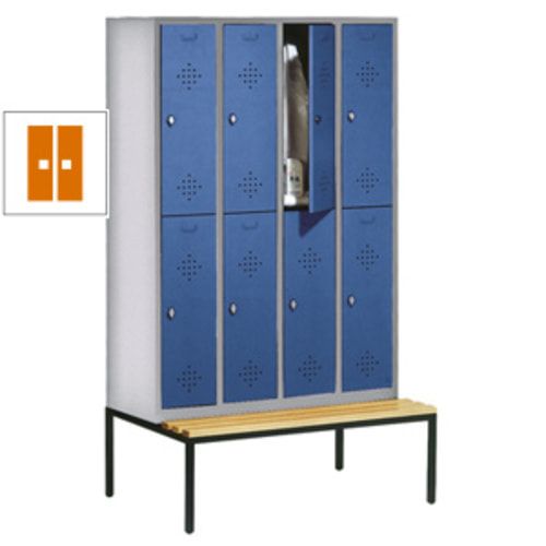 Garderobenschrank, Spind, 4 Abteile 8 Fächer, 2.090 x 1.190 x 815 mm (HxBxT), Hartholz Sitzbank untergebaut, Korpus anthrazitgrau, Türen anthrazitgrau