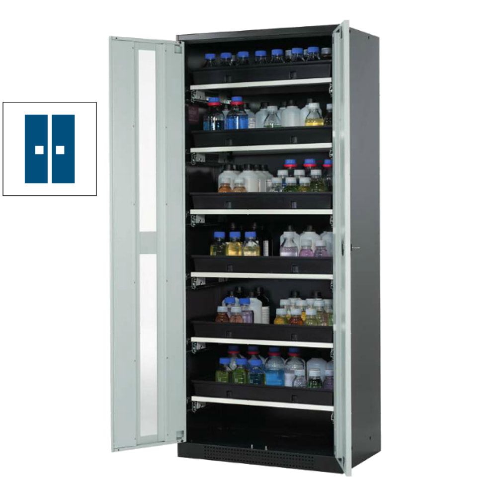 Chemikalienschrank - Flügeltüren - 4 Tablarauszüge - 1.950 x 810 x 520 mm (HxBxT) - anthrazitgrau/enzianblau