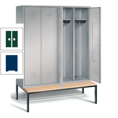 Doppel-Spindschrank, Buche Sitzbank untergebaut, 4 Abteile a 400 mm, Korpus lichtgrau, Tür anthrazitgrau, 2.090 x 1.590 x 815 mm (HxBxT)