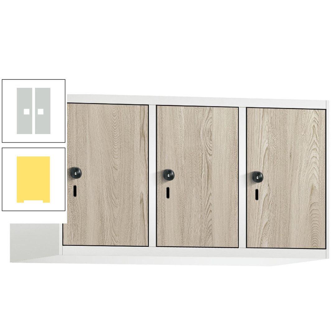 Aufsatzschrank, Schrankaufsatz, 3 Fächer a 300 mm, Farbe Pastellgelb, Tür anthrazitgrau, 500 x 900 x 500 mm (HxBxT)
