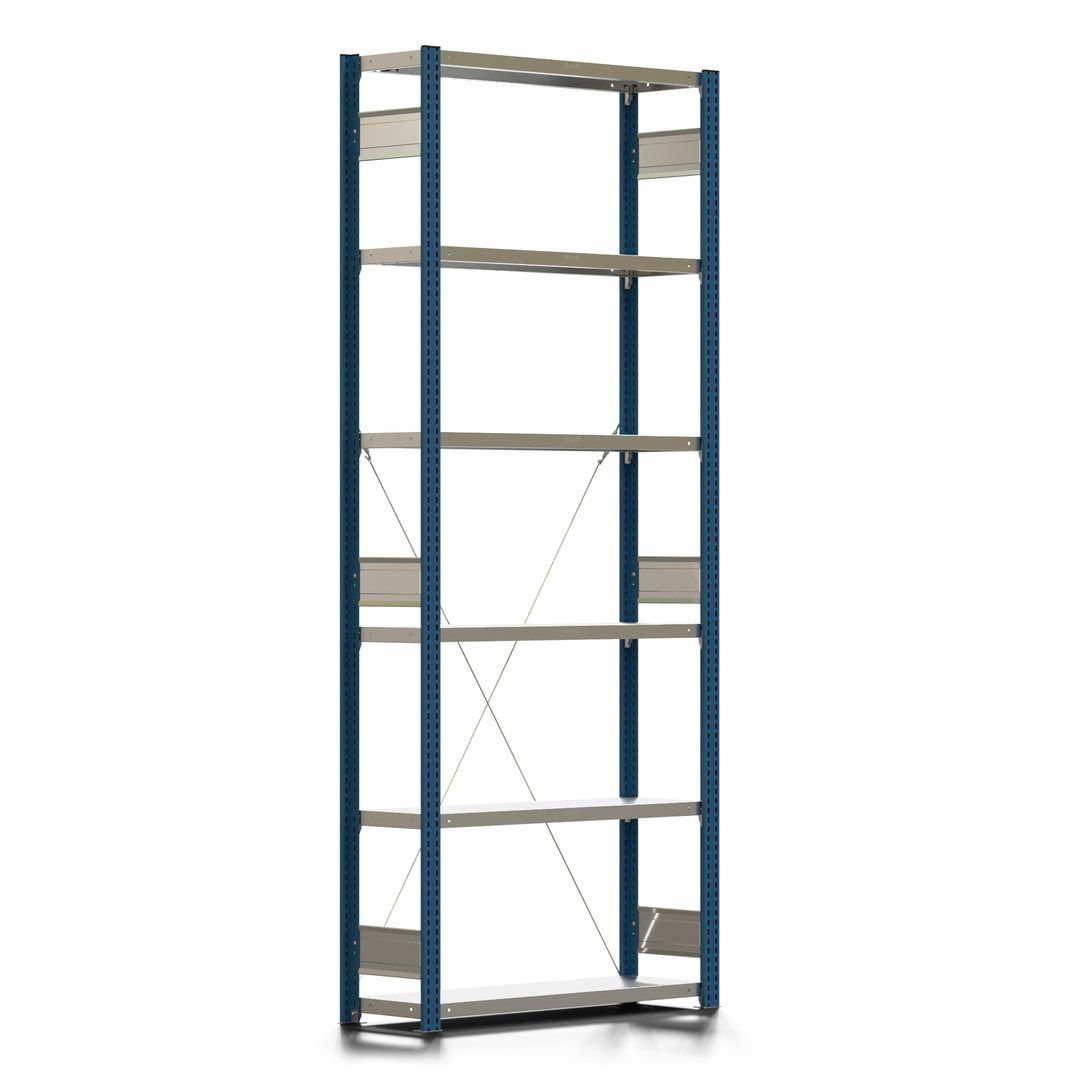 Fachbodenregal mit Tiefenriegel - 350 kg - 2.500 x 1.005 x 326 mm (HxBxT) - Anbauregal - 6 Böden - enzianblau - Lagerregal - Steckregal BERT
