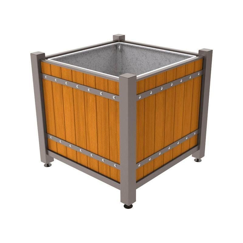 Pflanzbehälter, Pflanzgefäß, verzinkt, Eichenholzverkleidung, innen feuerverzinkt mit Verladungsgriffen, 1.085 x 1.230 x 1.230 mm (HxBxT), enzianblau