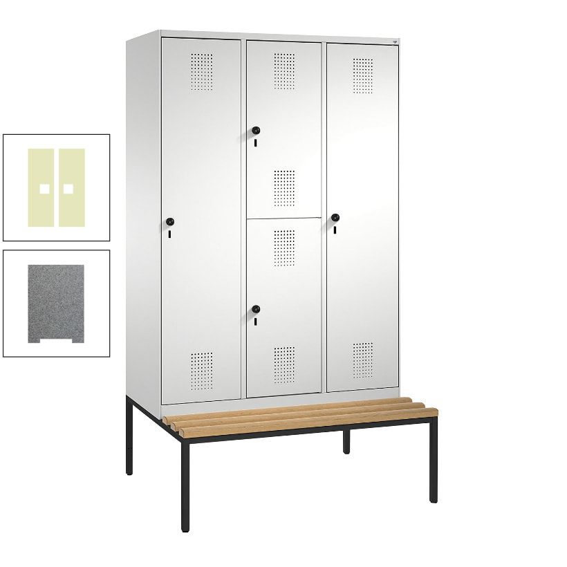 Garderobenschrank, Spind ein- und doppelstöckig Sitzbank, 3 Abteile, 4 Fächer, 2.090x1.200x500 mm (HxBxT), Front anthrazitgrau, Korpus anthrazitgrau