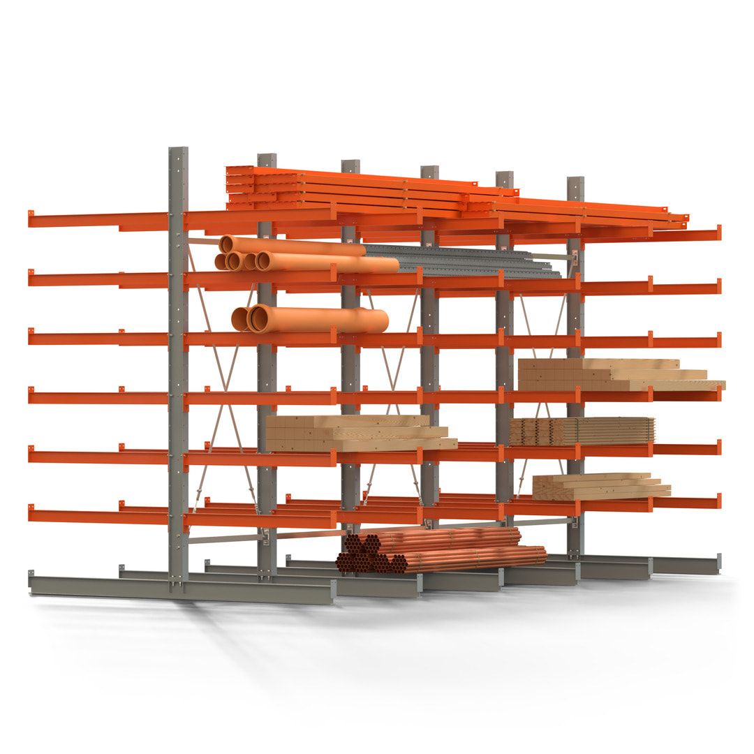 Doppelseitiges Kragarmregal, 2 Felder, 3.000 x 2.000 x 1.120 mm (HxBxT), Nutztiefe 500 mm, Kragarmlast 870 kg, KARL basic, silbergrau/reinorange