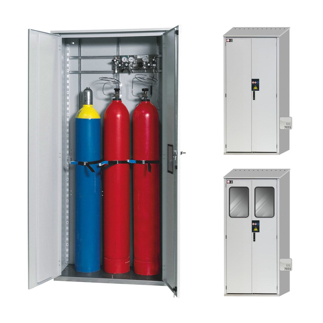 Druckgasflaschenschrank für Außenbereich, Edelstahlsockel, 3 Flaschenplätze, Türen mit Klappfenster, 2.149 x 1.006 x 400 mm (HxBxT), Farbe lichtgrau