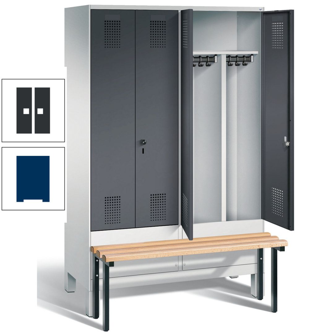 Doppel-Spind, Garderobenschrank, Buche Sitzbank vorgebaut, 4 Abteile a 300 mm, Korpus feuerrot, Tür Wasserblau, 1.850 x 1.200 x 815 mm (HxBxT)