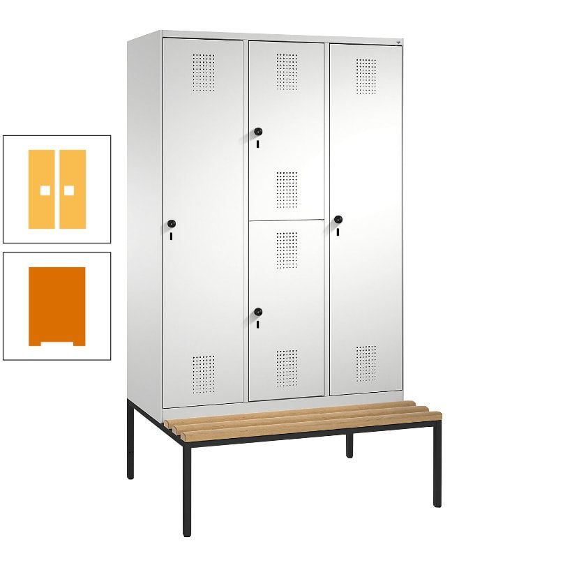 Garderobenschrank, Spind ein- und doppelstöckig Sitzbank, 3 Abteile, 4 Fächer, 2.090x1.200x500 mm (HxBxT), Front anthrazitgrau, Korpus anthrazitgrau
