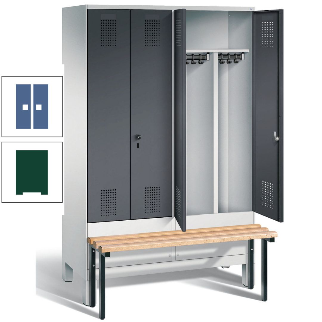 Doppel-Spind, Garderobenschrank, Buche Sitzbank vorgebaut, 4 Abteile a 300 mm, Korpus feuerrot, Tür Wasserblau, 1.850 x 1.200 x 815 mm (HxBxT)