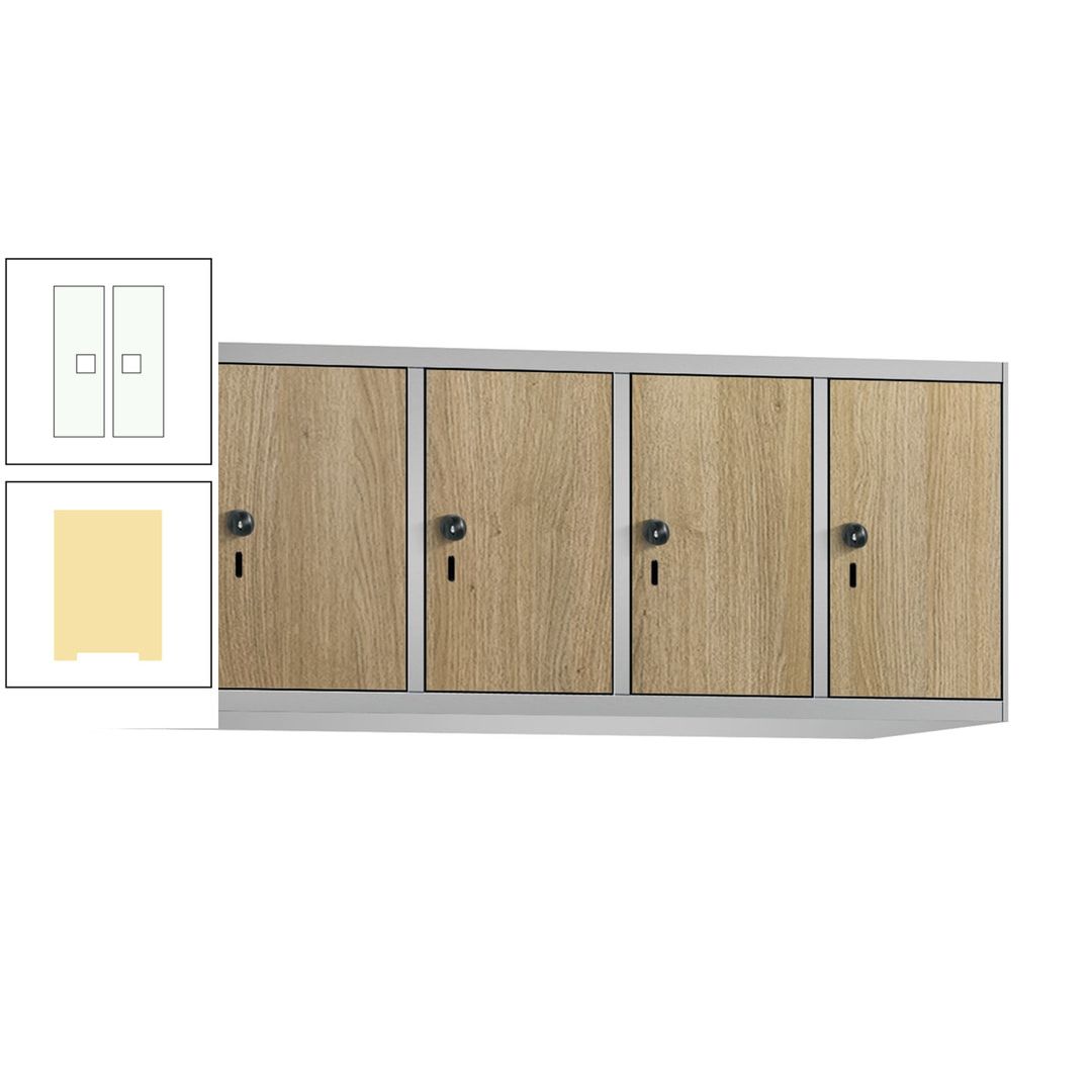 Aufsatzschrank, Schrankaufsatz, 4 Fächer a 300 mm, Farbe Pastellgelb, Tür anthrazitgrau, 500 x 1.200 x 500 mm (HxBxT)