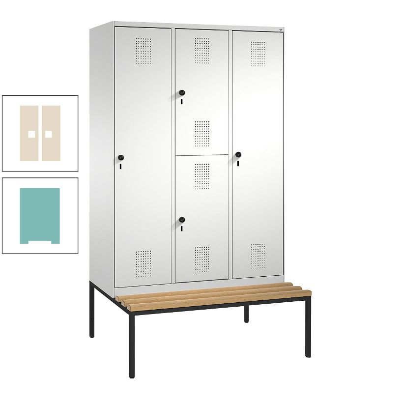 Garderobenschrank, Spind ein- und doppelstöckig Sitzbank, 3 Abteile, 4 Fächer, 2.090x1.200x500 mm (HxBxT), Front anthrazitgrau, Korpus anthrazitgrau