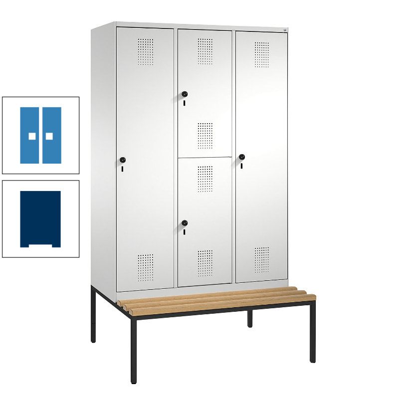 Garderobenschrank, Spind ein- und doppelstöckig Sitzbank, 3 Abteile, 4 Fächer, 2.090x1.200x500 mm (HxBxT), Front anthrazitgrau, Korpus anthrazitgrau