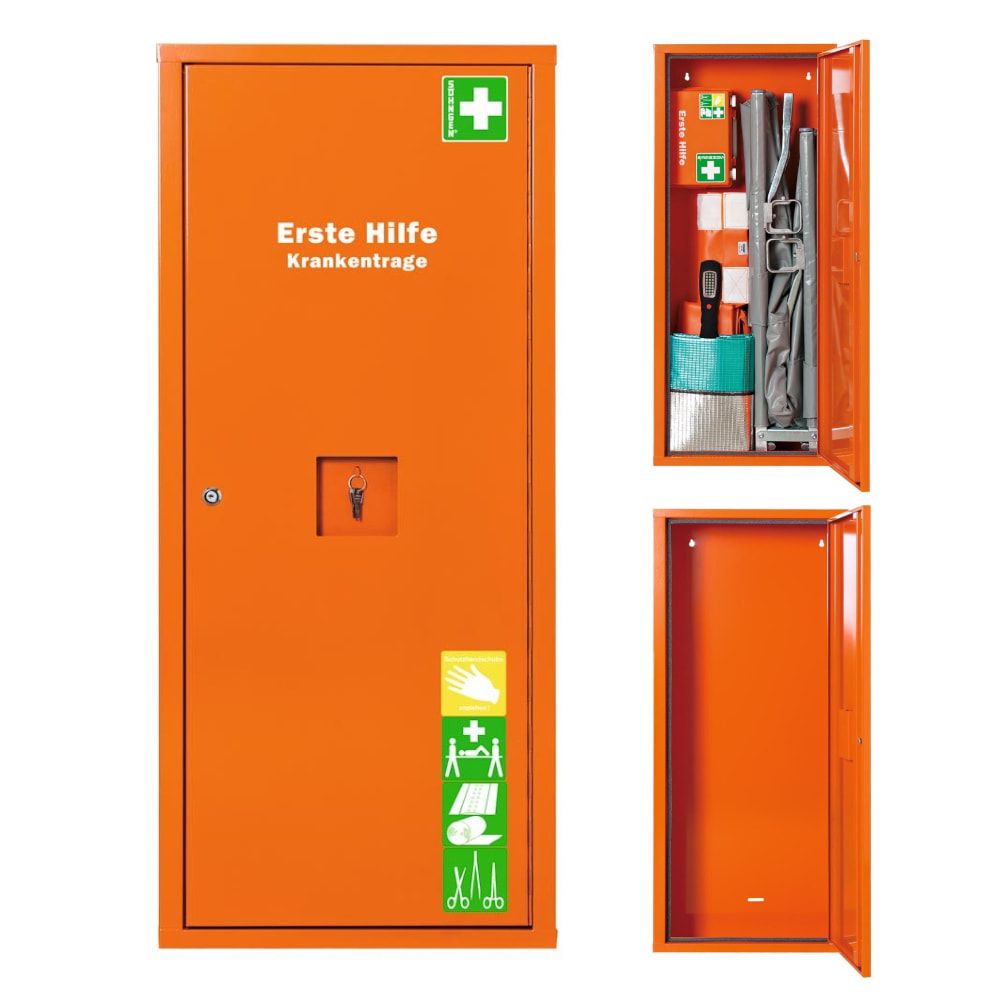 Medizinschrank, Erste Hilfe Schrank, für Krankentrage und Erste Hilfe Koffer, ohne Inhalt, Notfallschlüsselfach, 1.120 x 490 x 200 mm (HxBxT)