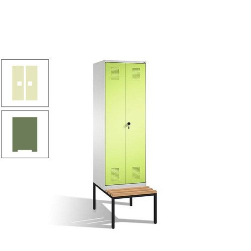 Doppel-Spind, Garderobenschrank, Buche Sitzbank untergebaut, 2 Abteile a 300 mm, Korpus anthrazitgrau, Tür anthrazitgrau, 2.090 x 600 x 815 mm (HxBxT)