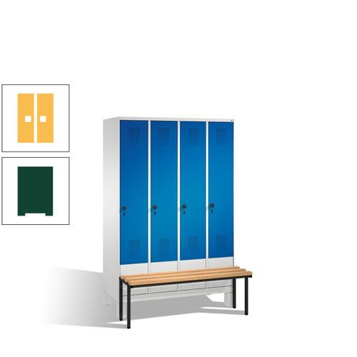 Stahl-Garderobenschrank, Spind, Buche Sitzbank vorgebaut, 4 Abteile a 300 mm, Korpus Lichtgrün, Tür Schwefelgelb, 1.850 x 1.200 x 815 mm (HxBxT)