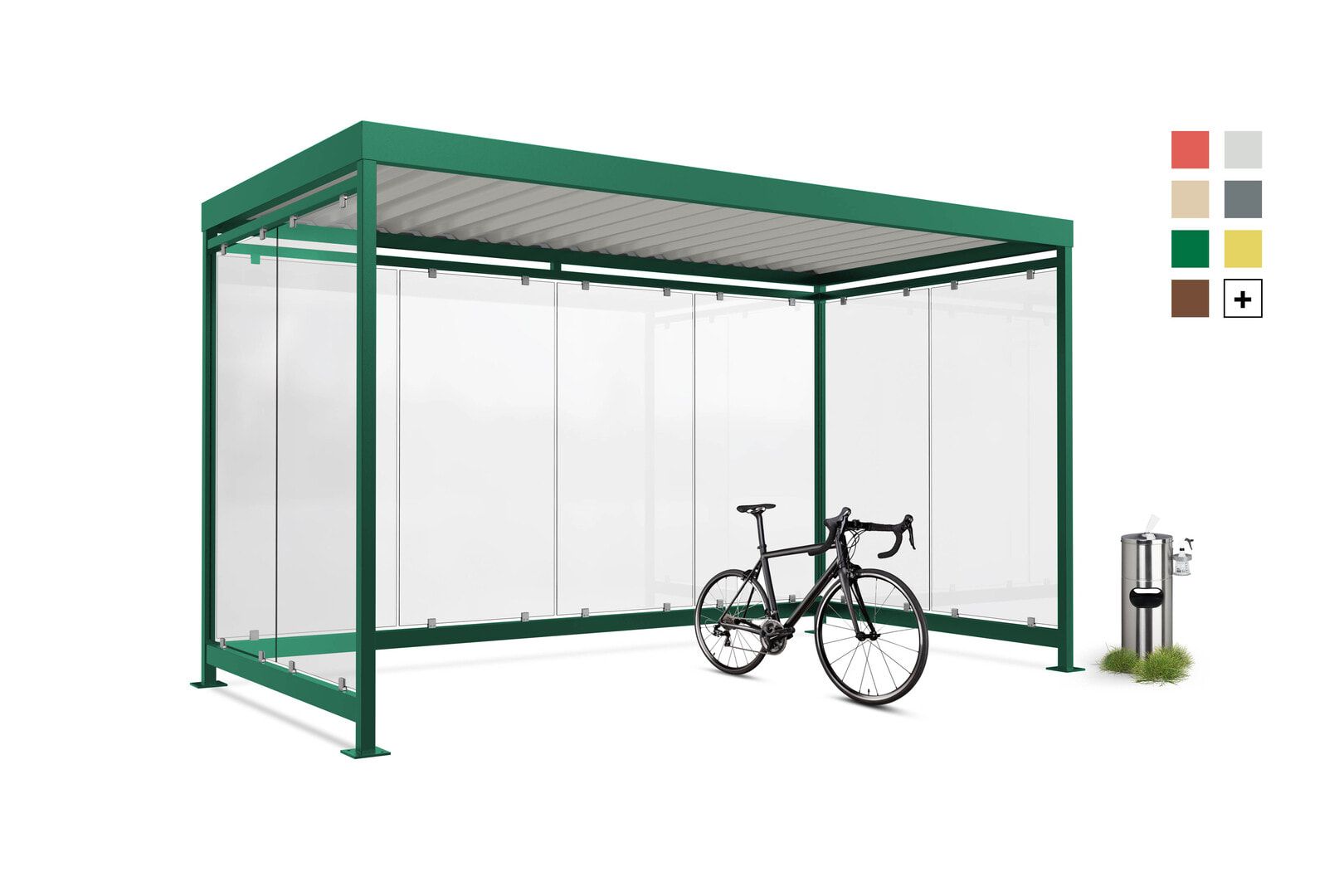 Fahrradunterstand, Raucherunterstand, Bausatz, 12-13 Personen, 2.510 x 4.195 x 2.165 mm (HxBxT), 8 Wände, Patinagrün