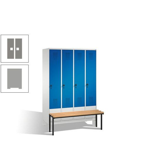 Stahl-Garderobenschrank, Spind, Buche Sitzbank vorgebaut, 4 Abteile a 300 mm, Korpus Lichtgrün, Tür Schwefelgelb, 1.850 x 1.200 x 815 mm (HxBxT)