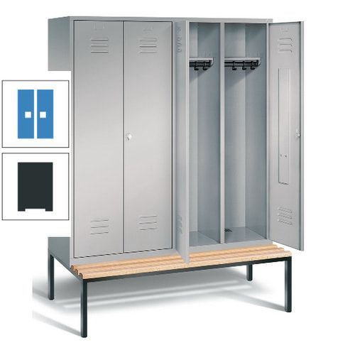 Doppel-Spindschrank, Buche Sitzbank untergebaut, 4 Abteile a 400 mm, Korpus lichtgrau, Tür anthrazitgrau, 2.090 x 1.590 x 815 mm (HxBxT)