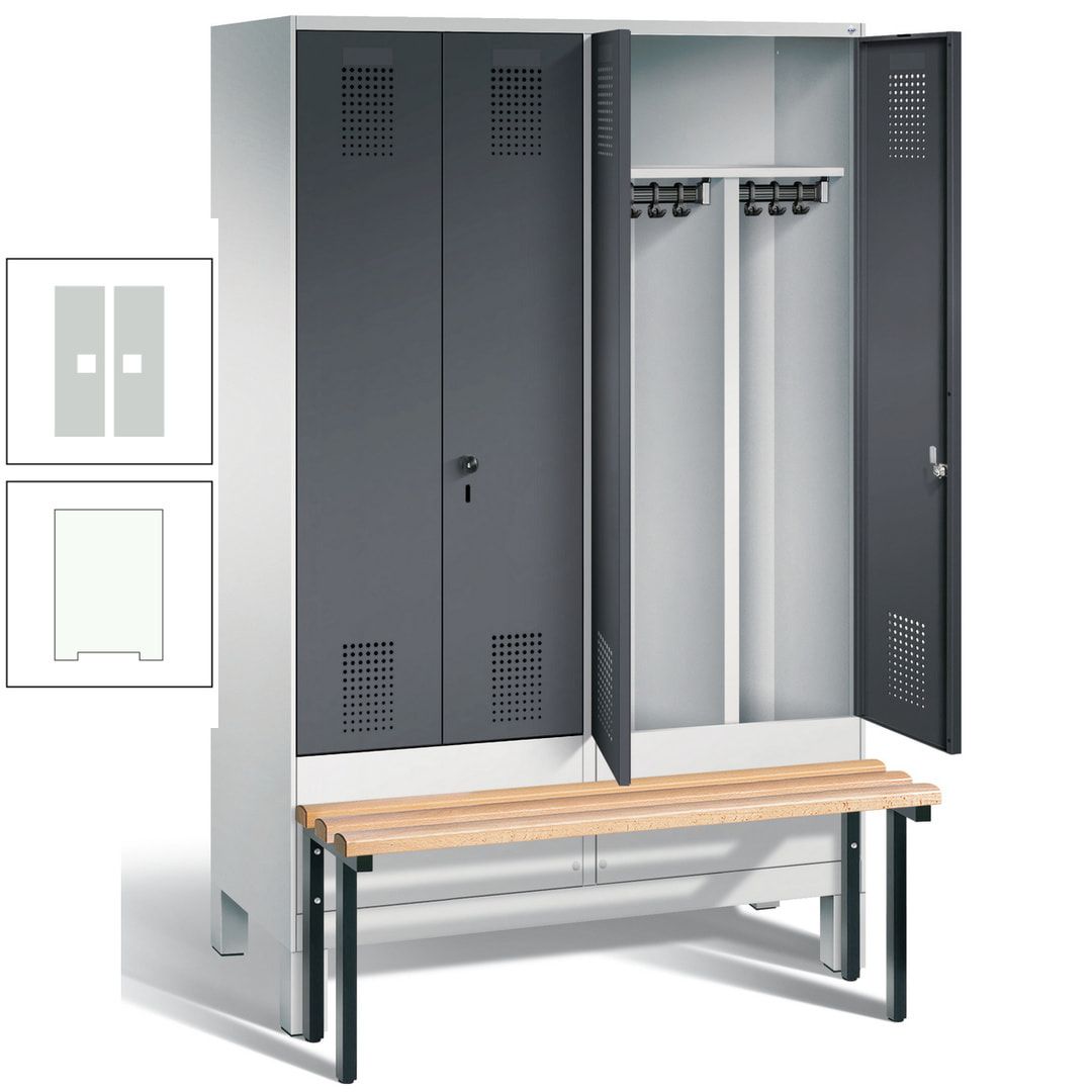 Doppel-Spind, Garderobenschrank, Buche Sitzbank vorgebaut, 4 Abteile a 300 mm, Korpus feuerrot, Tür Wasserblau, 1.850 x 1.200 x 815 mm (HxBxT)
