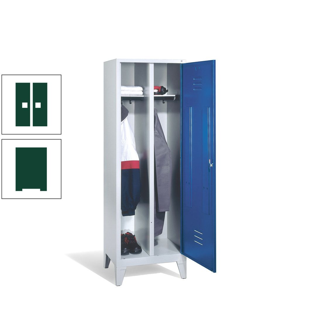 Doppel-Spind mit Großtür, Garderobenschrank mit Füßen, 2 Abteile a 300 mm, Korpus anthrazitgrau, Tür anthrazitgrau, 1.850 x 610 x 500 mm (HxBxT)