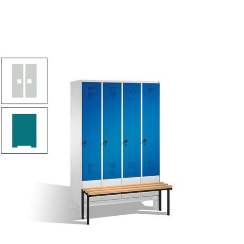 Stahl-Garderobenschrank, Spind, Buche Sitzbank vorgebaut, 4 Abteile a 300 mm, Korpus Lichtgrün, Tür Schwefelgelb, 1.850 x 1.200 x 815 mm (HxBxT)