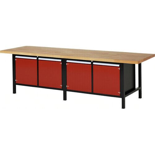 Werkbank mit 4 Schränken - höhenverstellbar 840-1.040 mm - 3.000 x 900 mm (BxT) - Traglast 1.250 kg - Buche - Anthrazitgrau
