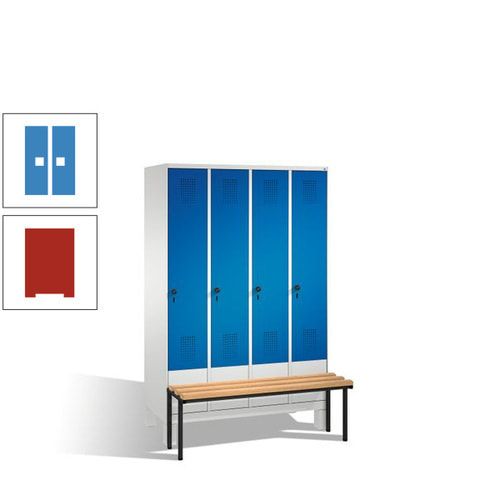 Stahl-Garderobenschrank, Spind, Buche Sitzbank vorgebaut, 4 Abteile a 300 mm, Korpus Lichtgrün, Tür Schwefelgelb, 1.850 x 1.200 x 815 mm (HxBxT)