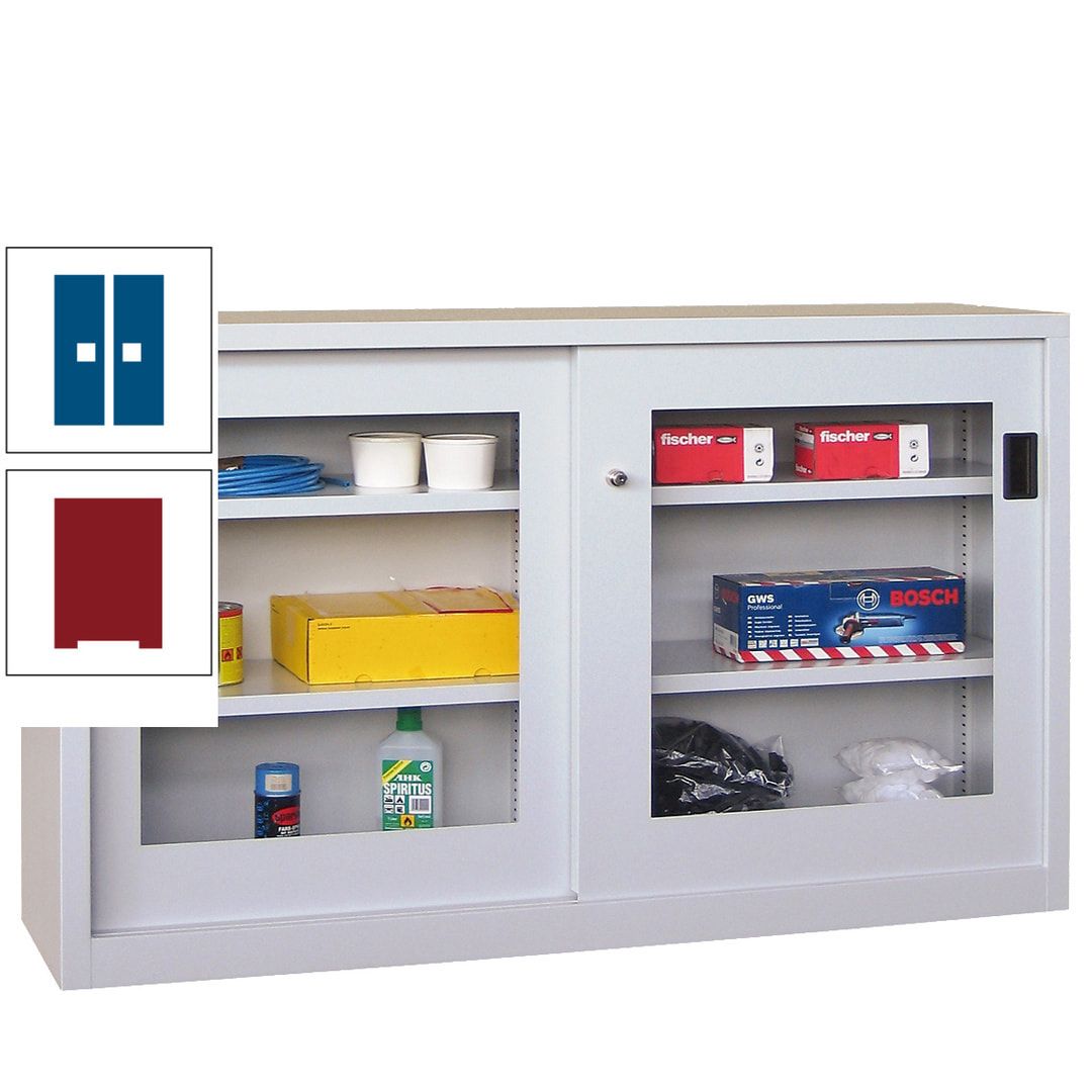 Schiebetürenschrank - Sichtfenstertüren - 1.000x1.500x600 mm (HxBxT) - 4 Böden, verzinkt - Zylinderschloss - anthrazitgrau