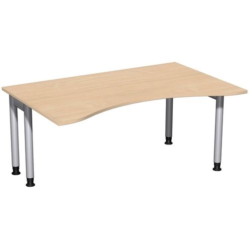 Ergo-Schreibtisch, Füße einseitig verkürzt, 4-Fuß Pro, höhenverstellbar, 680-800 x 1.600 x 1.000 mm (HxBxT), Gestell silber, Dekor Ahorn