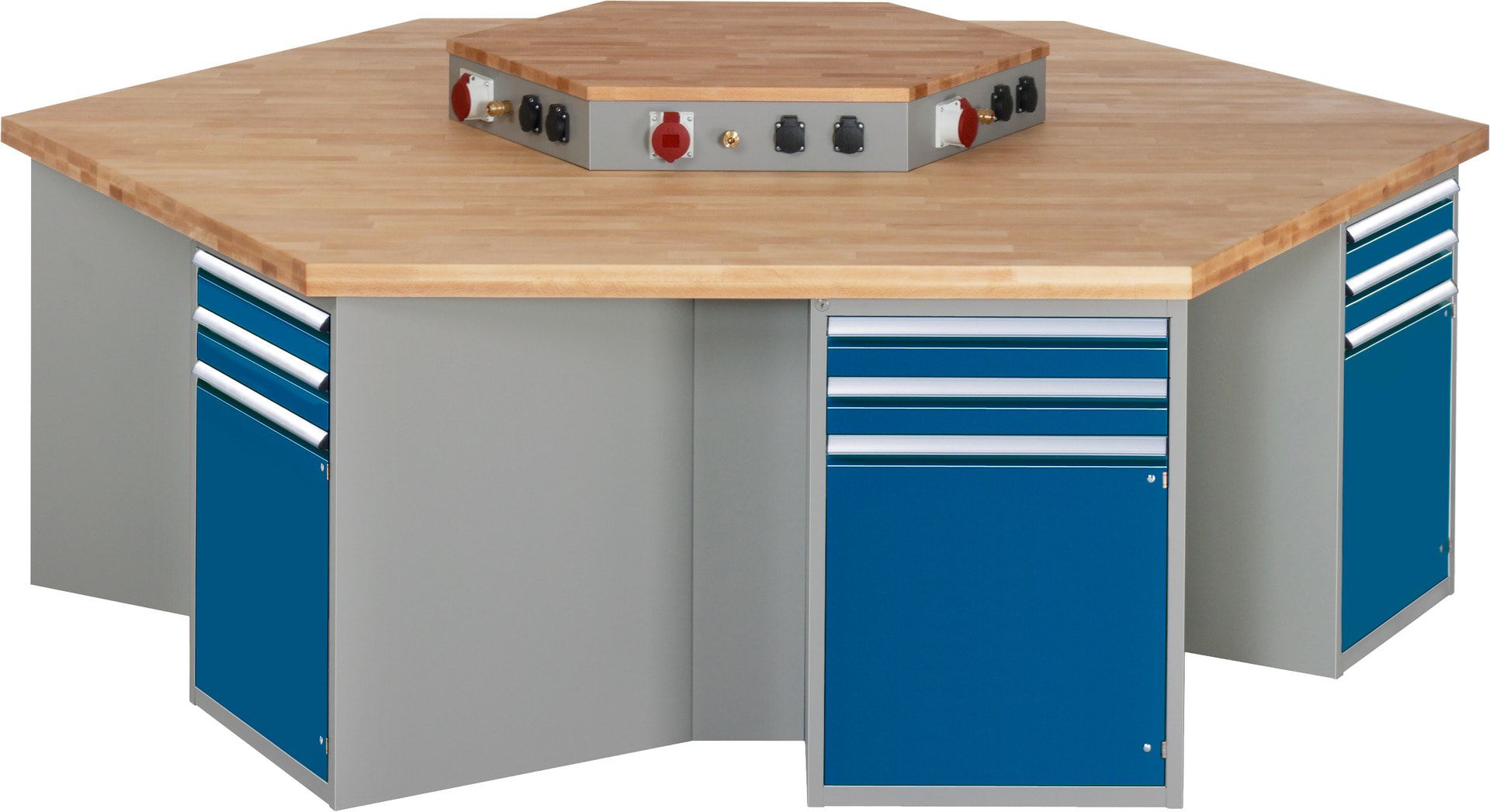Gruppenwerkbank, Buche, Höhe 840 mm, mit Energieaufsatz, Unterbau-Container, 2 Schubladen, 1 Tür, 1 Boden - Anthrazitgrau