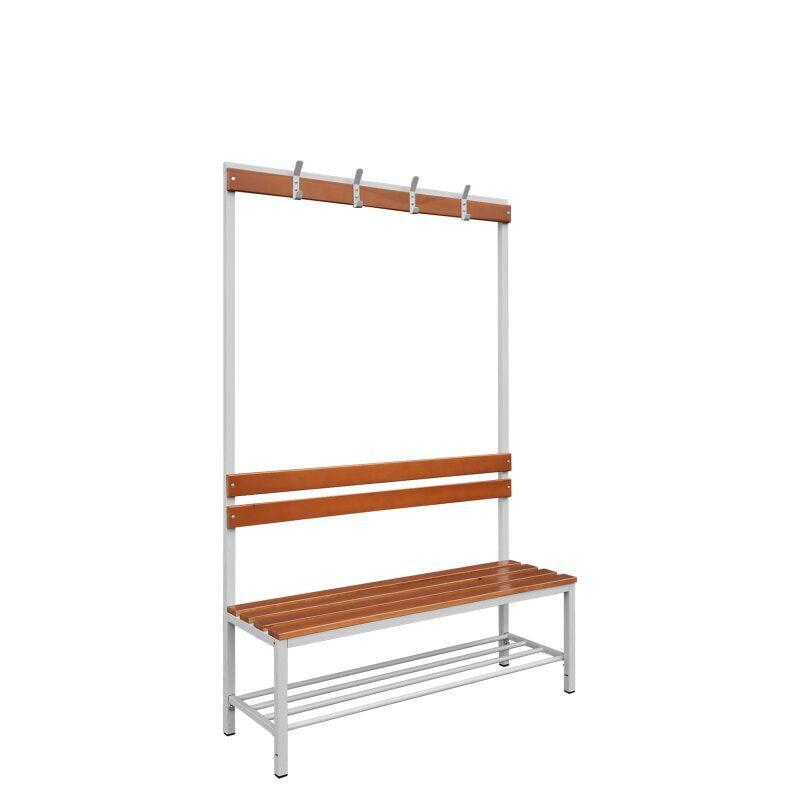 Umkleidebank, Umkleide-Sitzbank, Schuhrost, Haken, Breite 1.200 mm, Sitzhöhe 400 mm, Stahl mit Holzleisten, Gestell: lichtgrau, Sitzleisten: Buche
