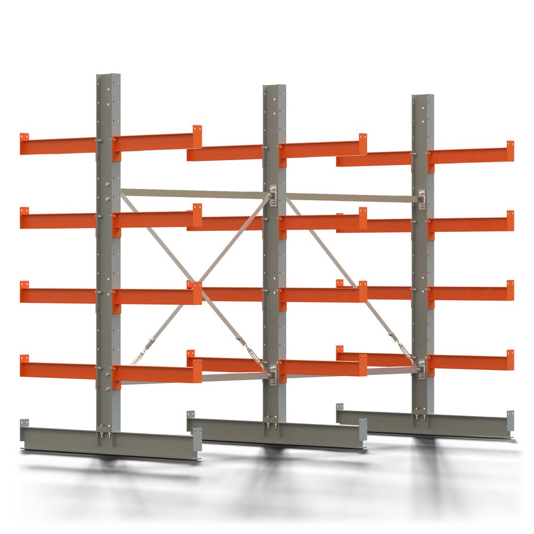 Doppelseitiges Kragarmregal, 2 Felder, 2.000 x 2.560 x 1.120 mm (HxBxT), Nutztiefe 500 mm, Kragarmlast 870 kg, KARL basic, silbergrau/reinorange