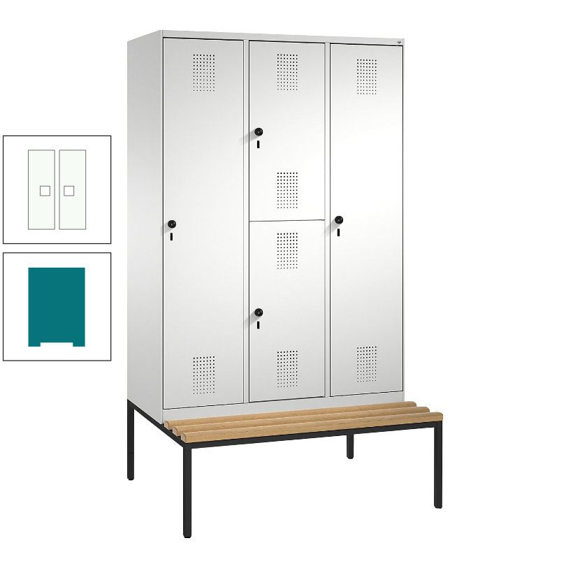 Garderobenschrank, Spind ein- und doppelstöckig Sitzbank, 3 Abteile, 4 Fächer, 2.090x1.200x500 mm (HxBxT), Front anthrazitgrau, Korpus anthrazitgrau