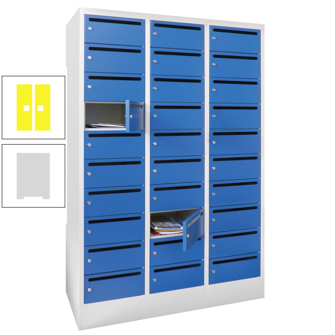 Postverteilerschrank, Schließfachschrank, 3 Abteile a 300 mm, 30 Fächer, 1.850 x 900 x 500 mm (HxBxT), Korpus anthrazitgrau, Front anthrazitgrau