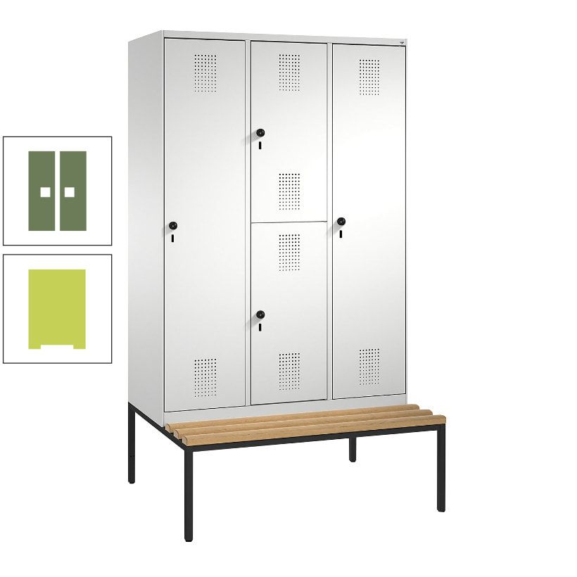 Garderobenschrank, Spind ein- und doppelstöckig Sitzbank, 3 Abteile, 4 Fächer, 2.090x1.200x500 mm (HxBxT), Front anthrazitgrau, Korpus anthrazitgrau