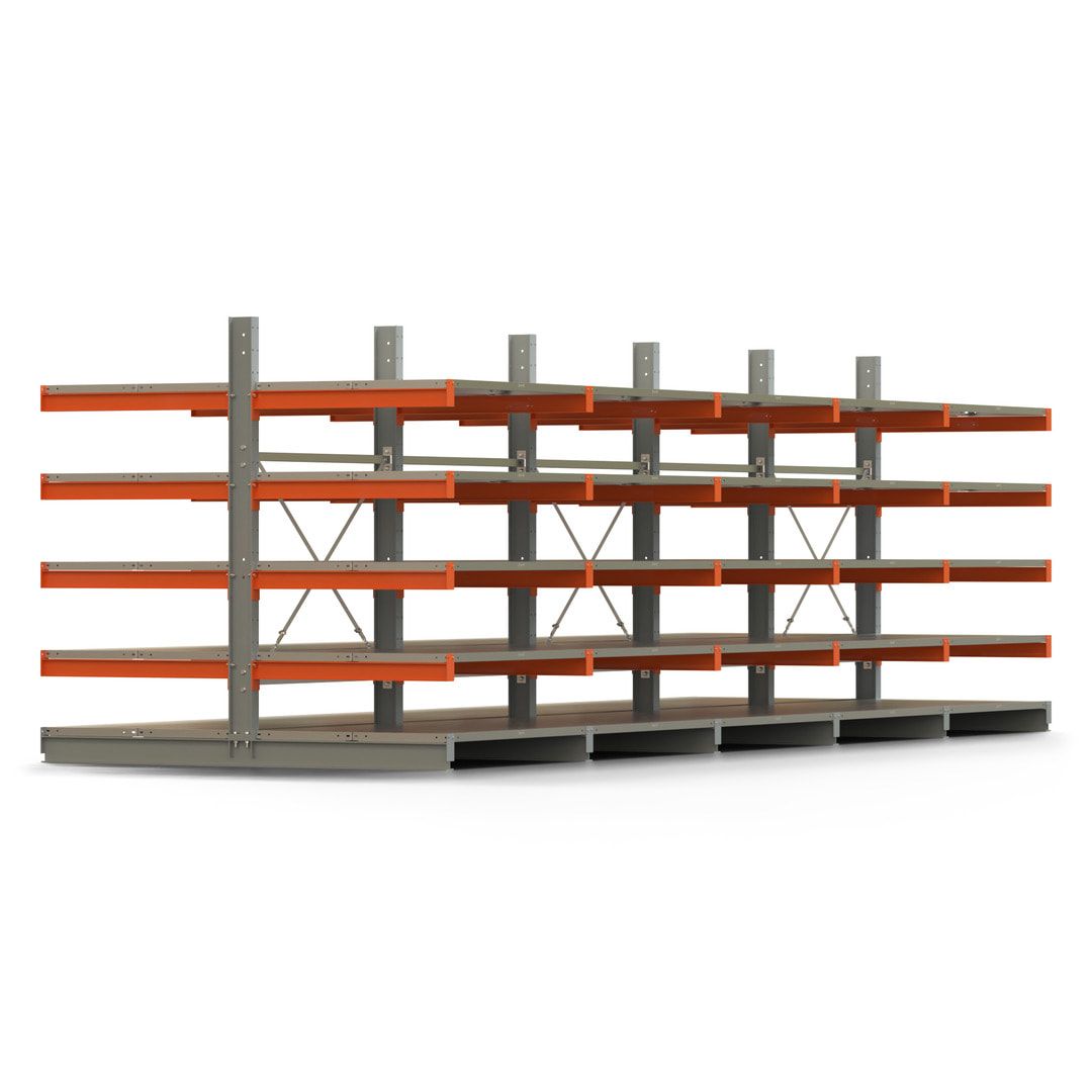 Doppelseitiges Kragarmregal mit Fachböden, 2 Felder, 2.000 x 2.560 (HxB), Nutztiefe 1.000 mm, Kragarmlast 450 kg, KARL basic, silbergrau/reinorange