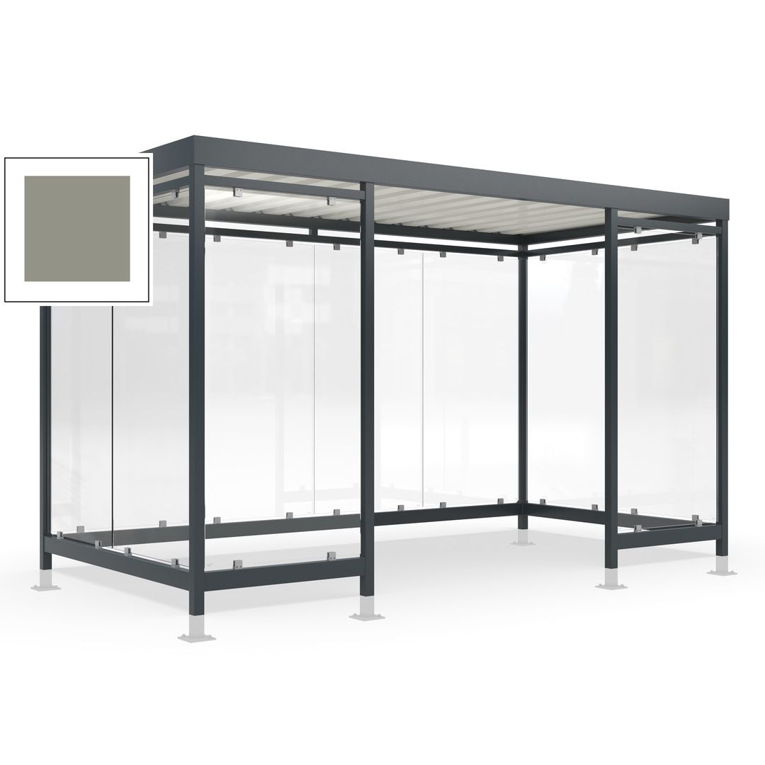 Raucherunterstand für 12-13 Personen, Bushaltestelle, mit Überpflasterung, 2.440 x 4.195 x 2.165 mm (HxBxT), 10 Wände, Achatgrau