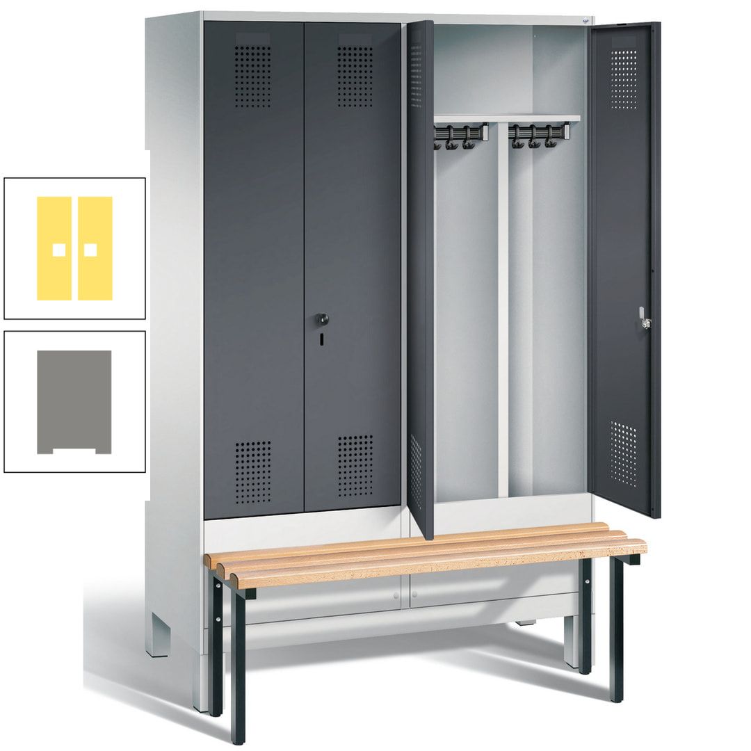 Doppel-Spind, Garderobenschrank, Buche Sitzbank vorgebaut, 4 Abteile a 300 mm, Korpus feuerrot, Tür Wasserblau, 1.850 x 1.200 x 815 mm (HxBxT)